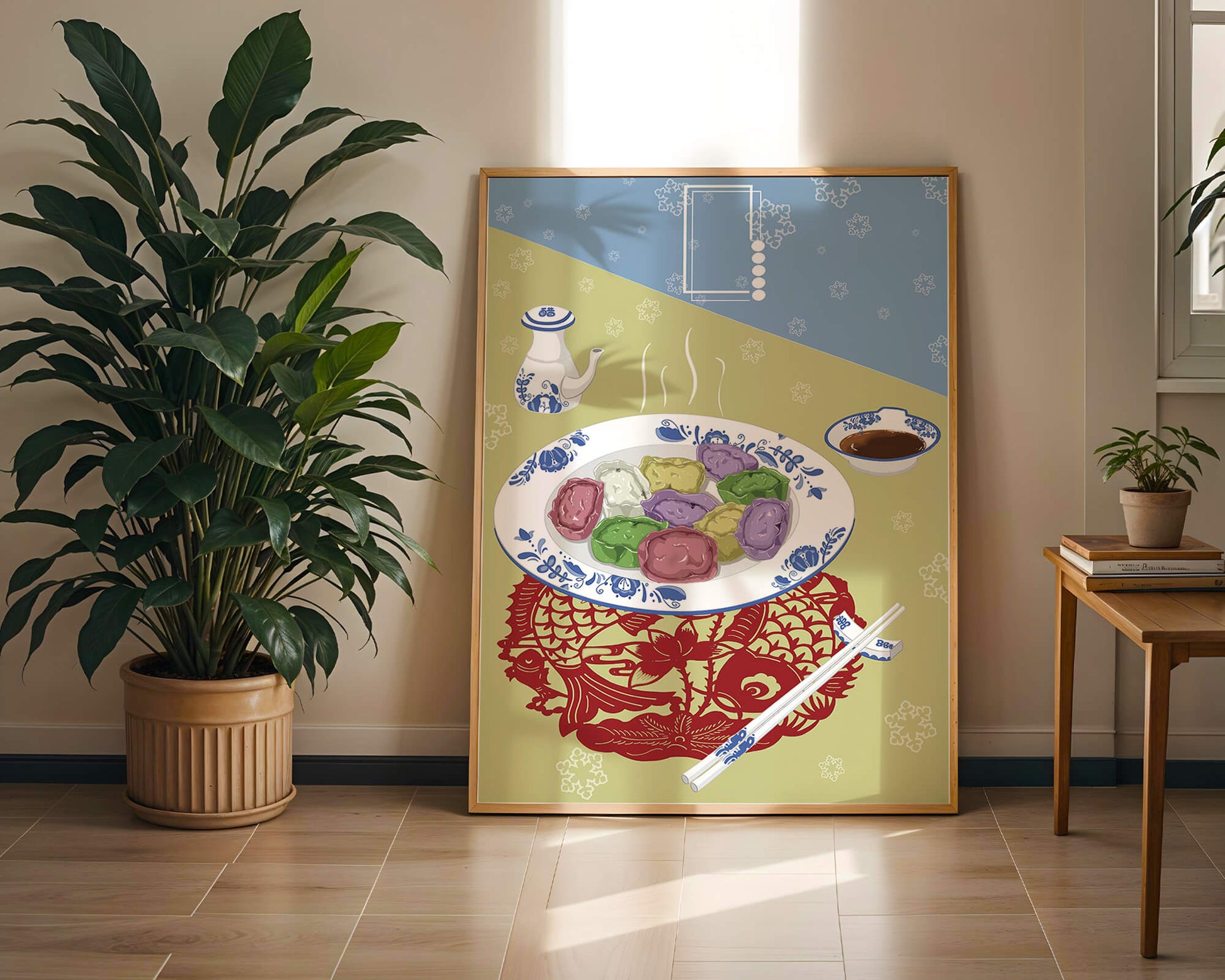 Colorful dumplings and tea set on decorative mat
