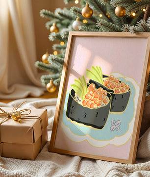 Illustration of sushi rolls with fish roe and avocado on a pastel background