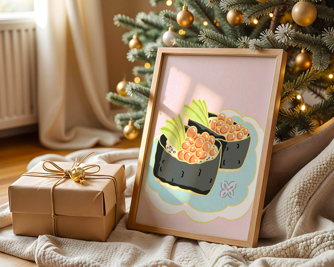 Illustration of sushi rolls with fish roe and avocado on a pastel background