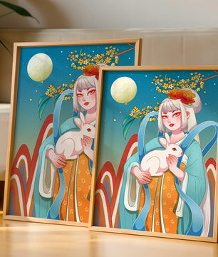 Femme élégante en tenue traditionnelle tenant un lapin blanc sous une pleine lune