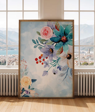 Watercolor floral illustration with vibrant flowers and leaves