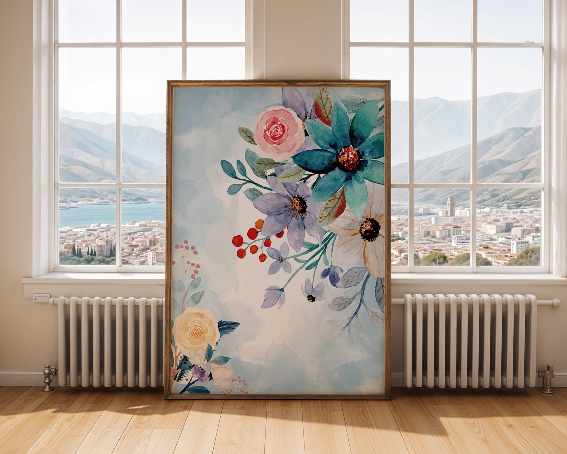 Ilustración floral acuarela con flores y hojas vibrantes