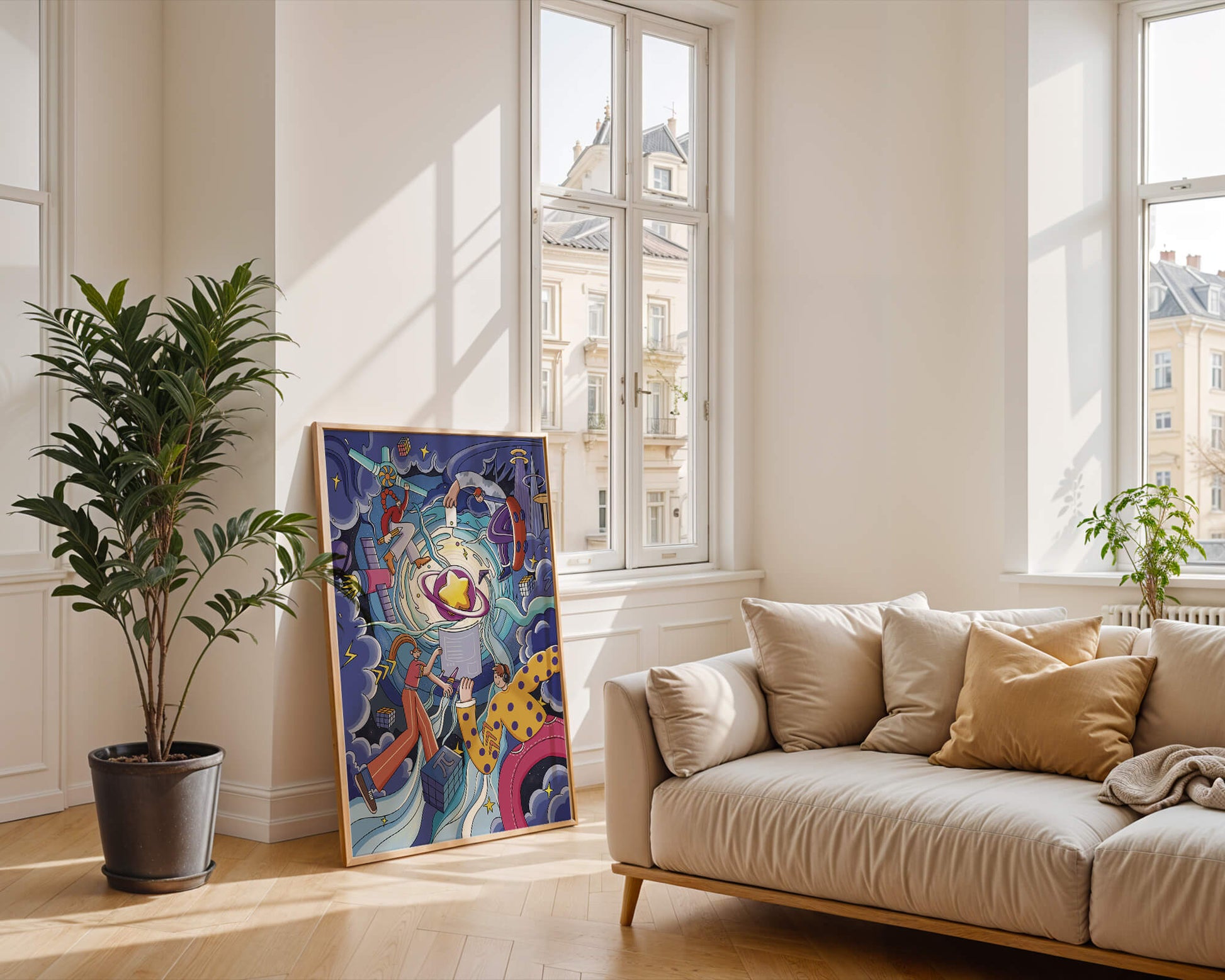 Colorful Cosmic Exploration with Animated Characters and Geometric Shapes