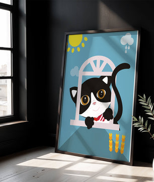 Charming black and white cat peeking through window under bright sun