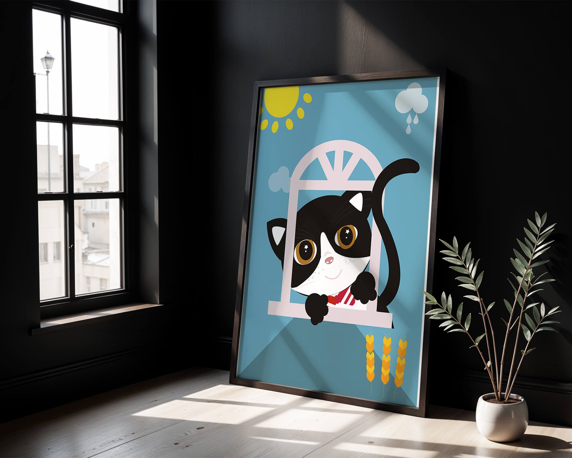 Un encantador gato blanco y negro se asoma por la ventana bajo el sol brillante.