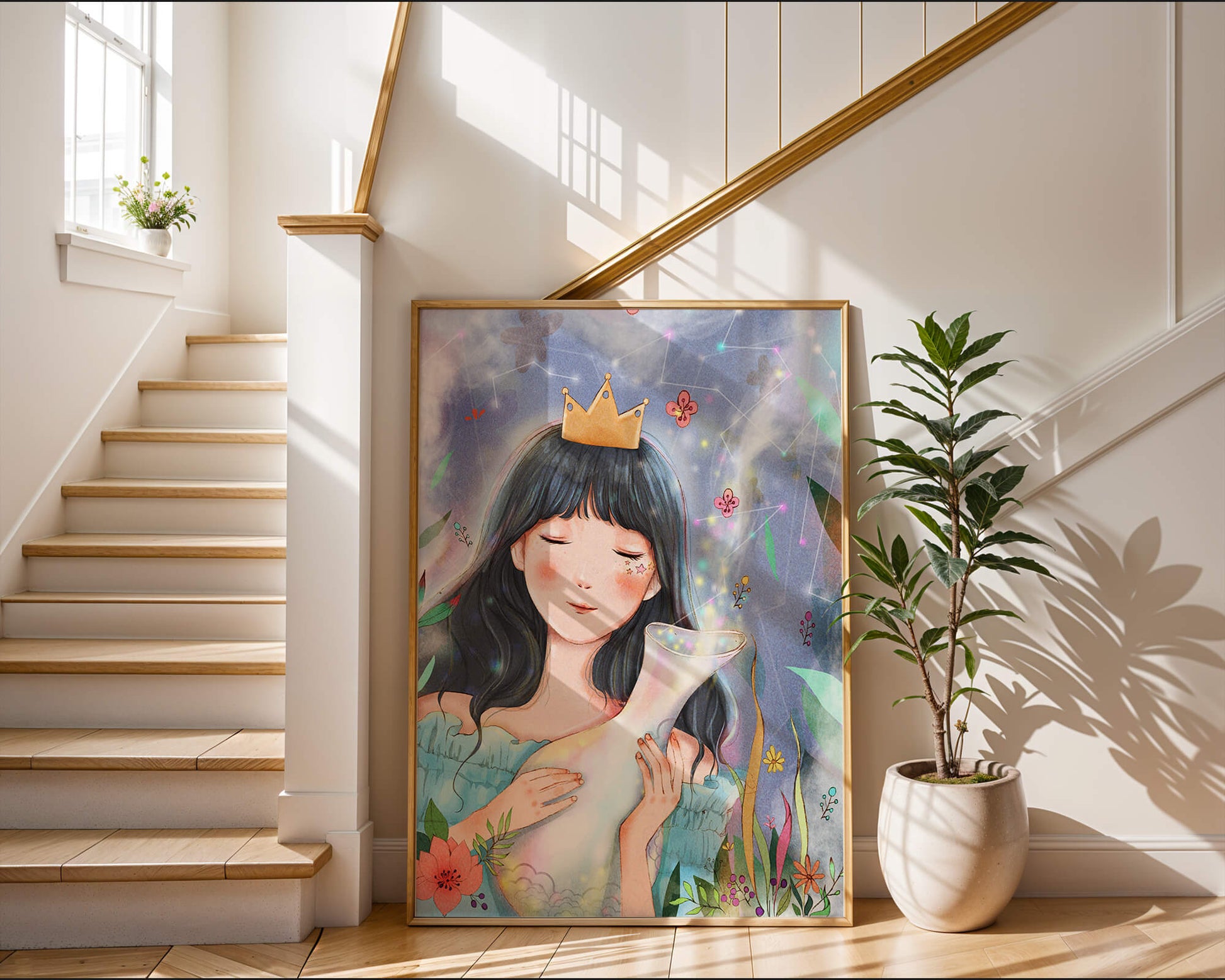 Retrato encantador de una chica con corona en un jardín mágico