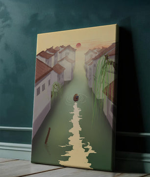 Escena de río tranquilo con arquitectura tradicional y atardecer