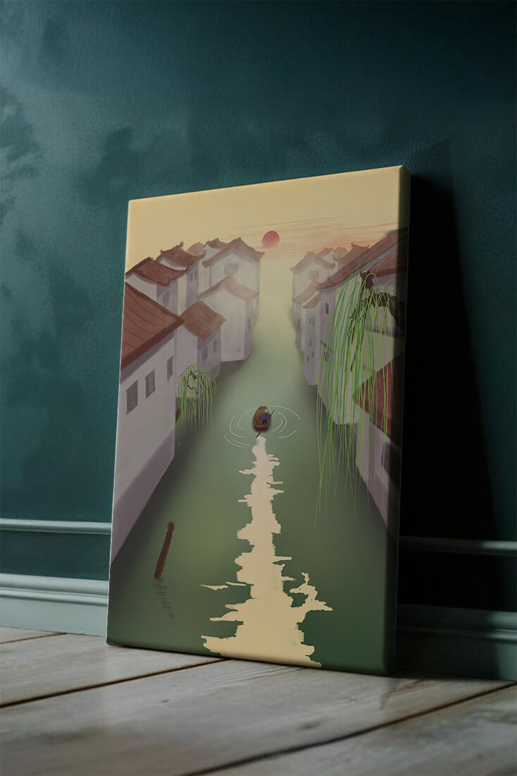 Tranquil river scene with traditional architecture and sunset