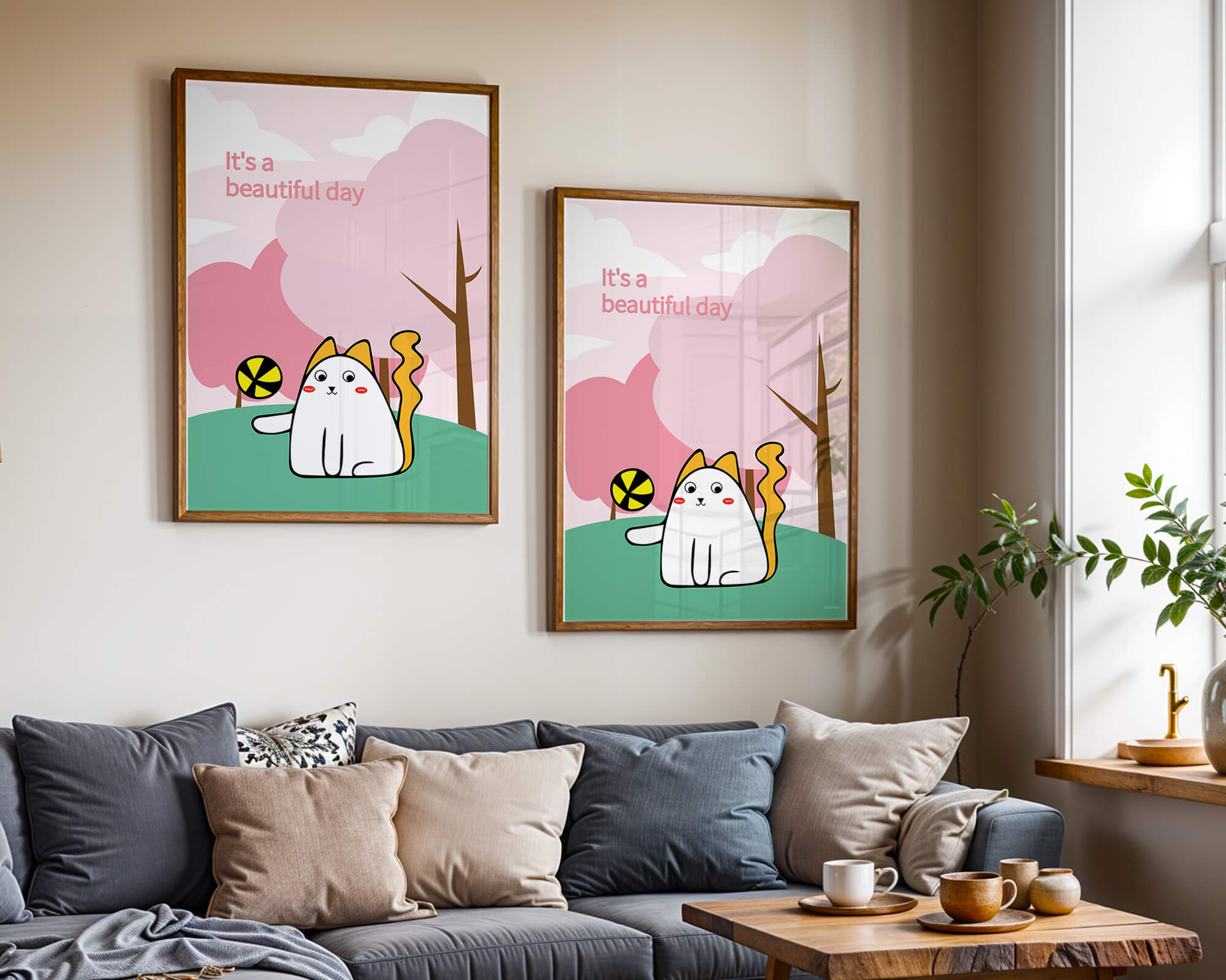 Charming cat illustration in a playful park scene with trees and clouds