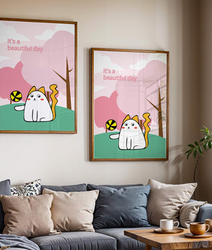 Illustration charmante de chat dans une scène de parc ludique avec des arbres et des nuages.