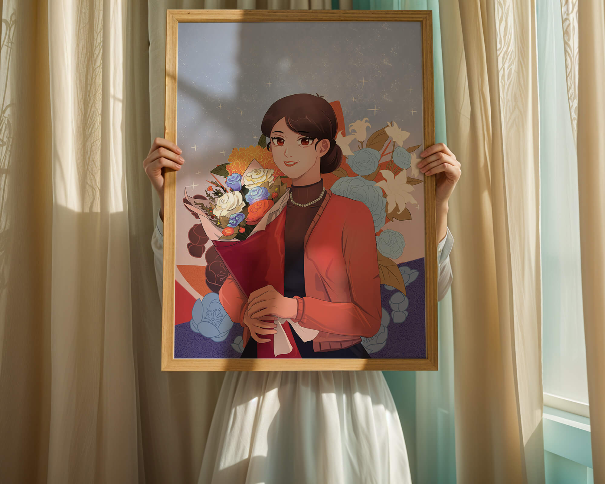 Woman holding bouquet with floral background