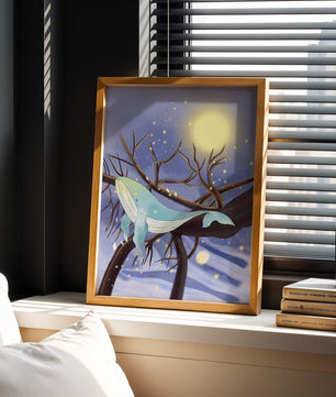 Whale resting on tree branches under starry night sky