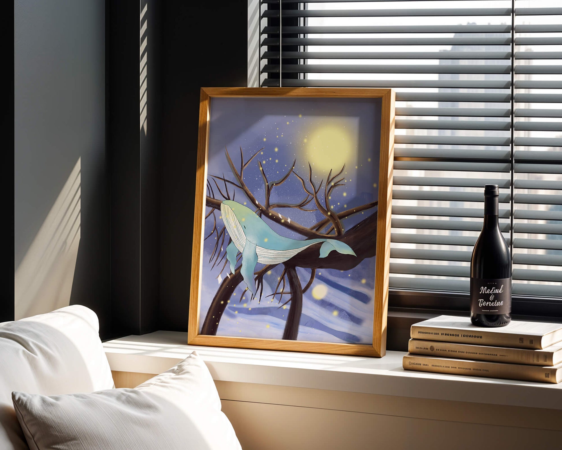 Whale resting on tree branches under starry night sky