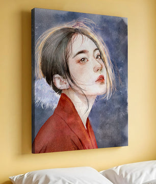 Watercolor portrait of a woman in a red garment with expressive features