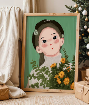 Illustration of a girl with flowers and a beret on a green background