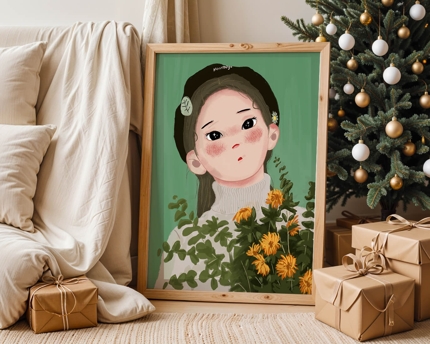 Illustration of a girl with flowers and a beret on a green background