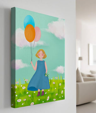 Girl with balloons in a field of daisies under a blue sky