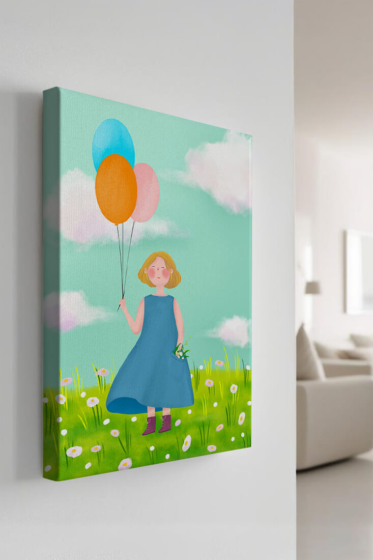 Girl with balloons in a field of daisies under a blue sky