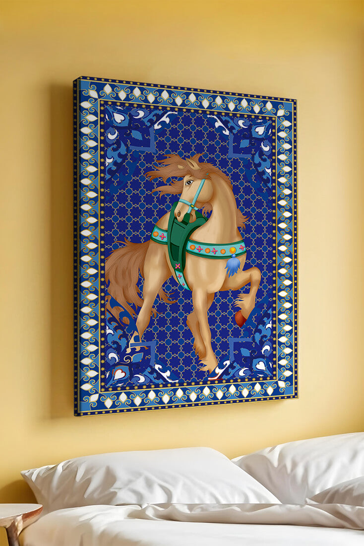 Intricate patterned horse art with a vibrant decorative border