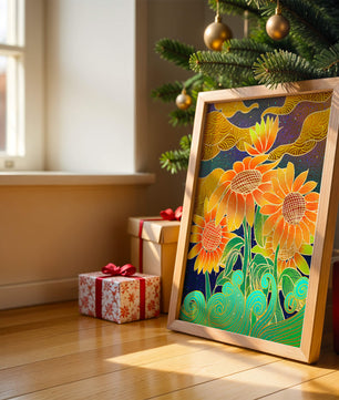 Vibrant sunflowers with intricate background patterns