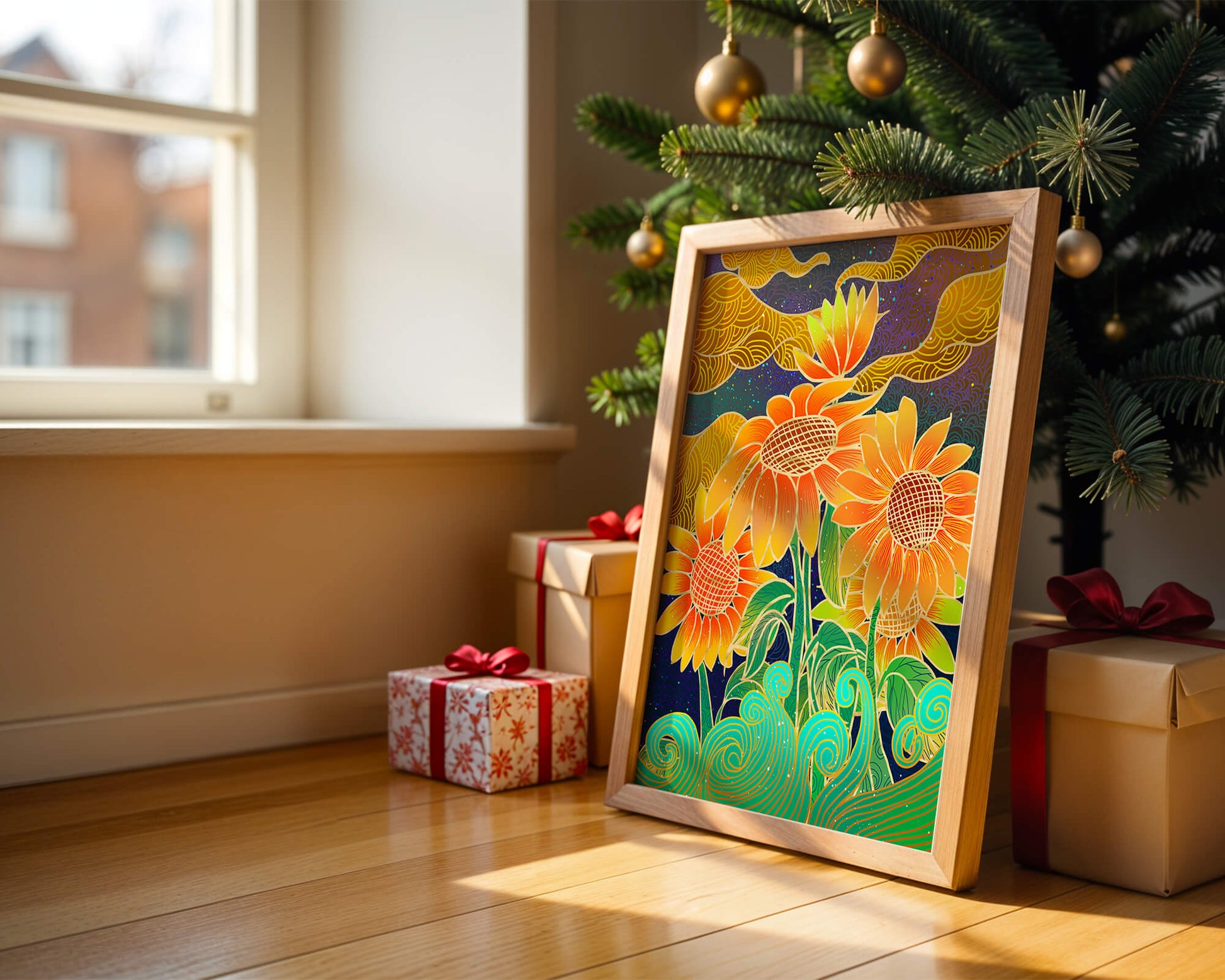 Vibrant sunflowers with intricate background patterns