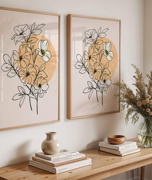 Ilustración floral minimalista con tonos pastel y fondos abstractos