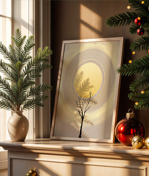 Silueta estilizada de un árbol con círculos concéntricos y un sol grande