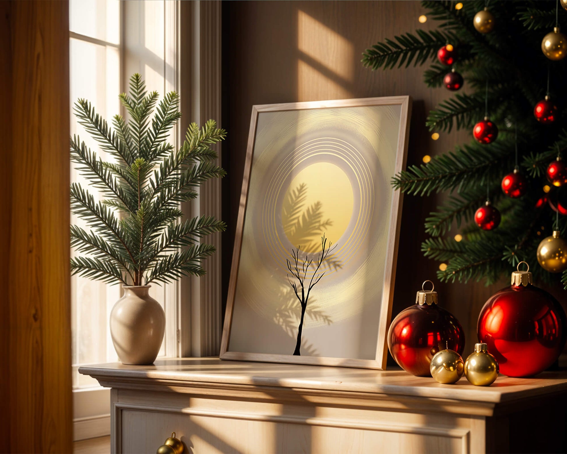 Silueta estilizada de un árbol con círculos concéntricos y un sol grande