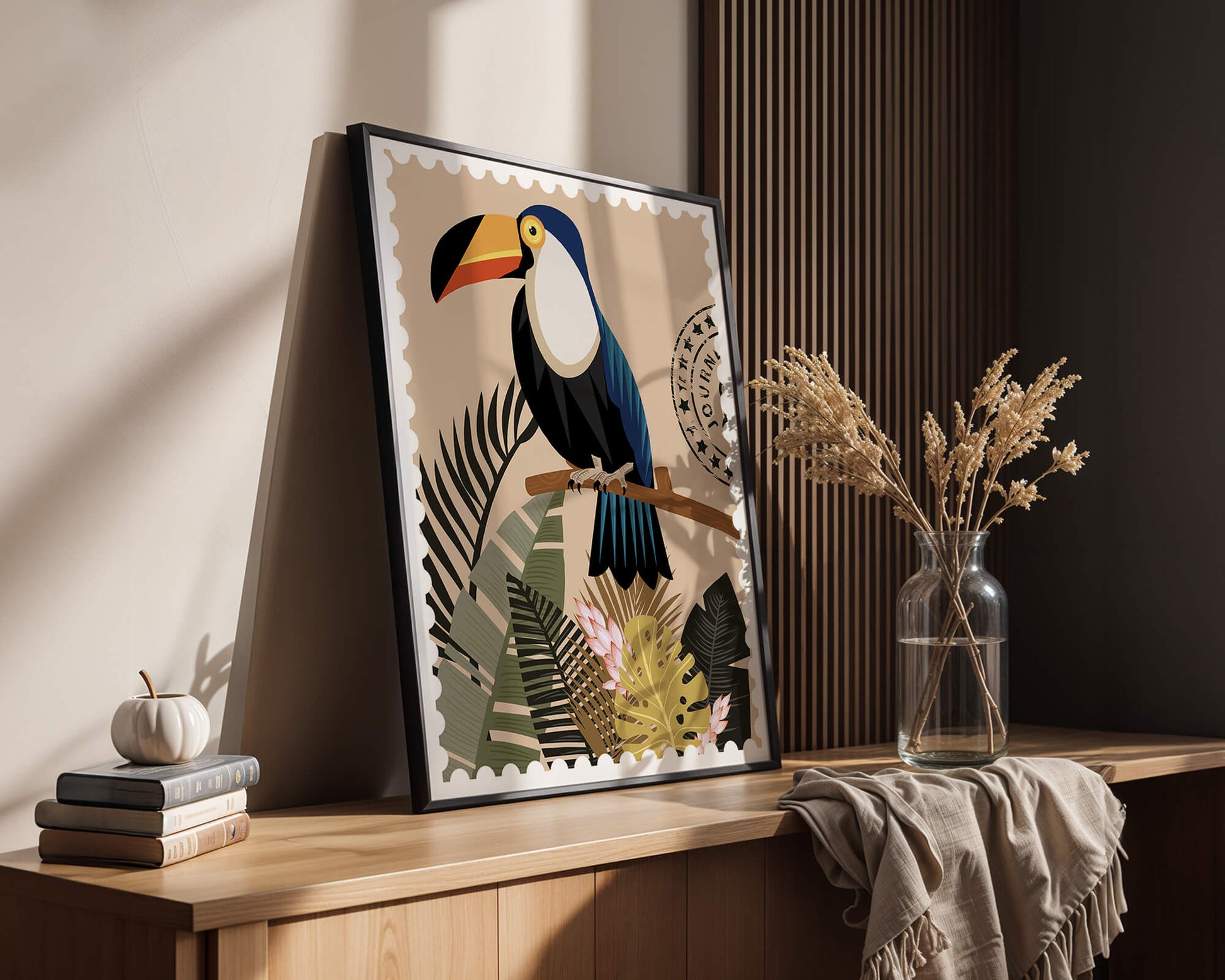 Colorful Toucan Surrounded by Tropical Leaves with Travel Stamp
