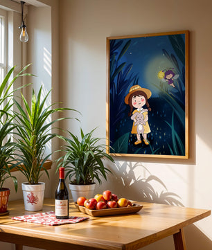 Ilustración de una chica en un bosque con una luciérnaga mágica por la noche