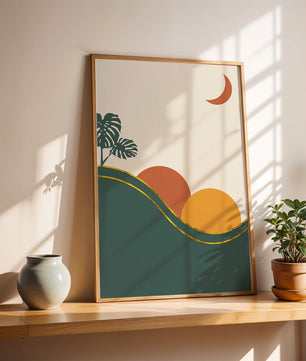 Minimalist Landscape With Mountains And Monstera Leaves At Sunset - Mi tienda