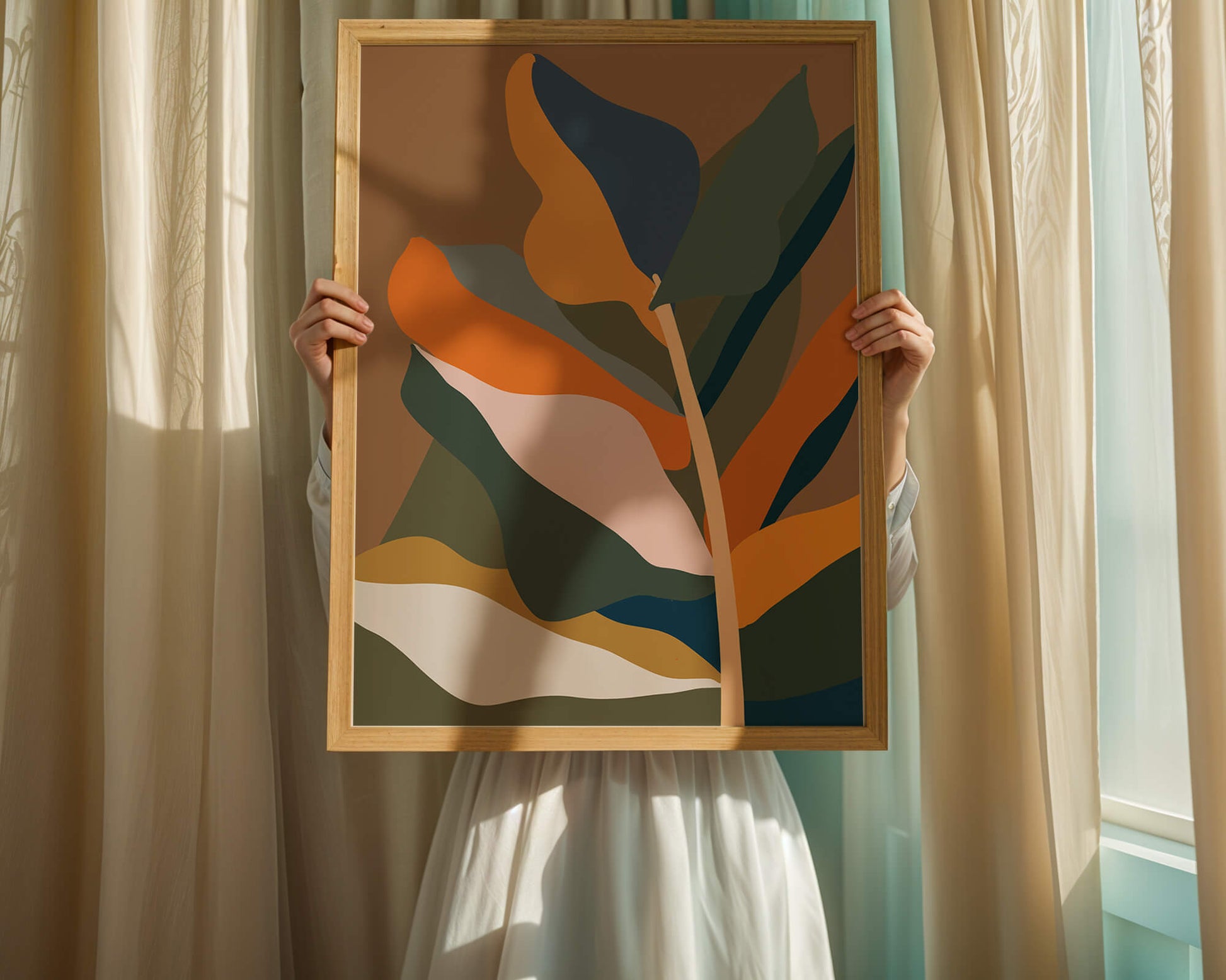 Abstract Botanical Illustration with Earthy Tones and Organic Shapes