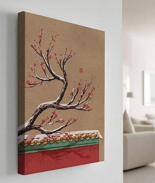 Illustration of blooming plum branch over traditional rooftop