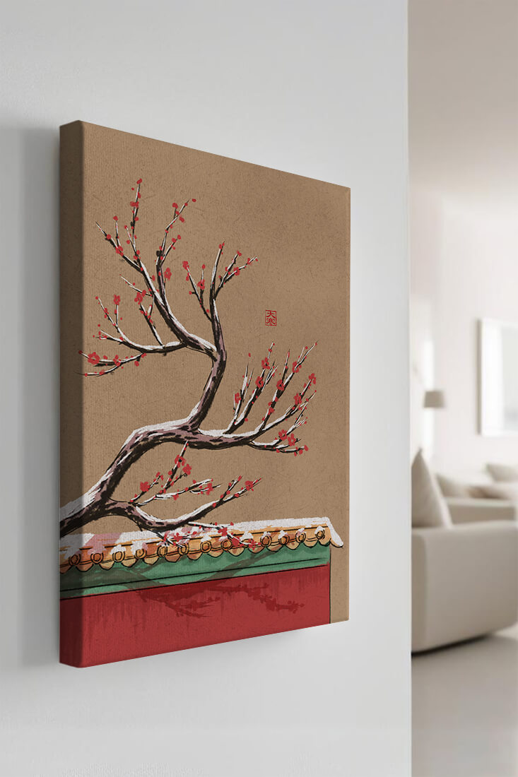 Illustration of blooming plum branch over traditional rooftop