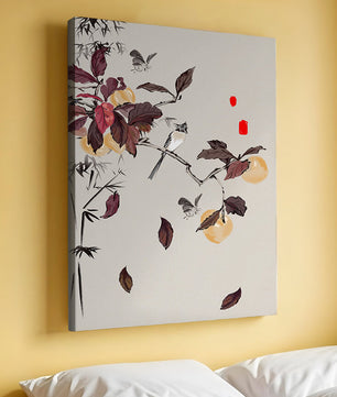Elegant nature illustration featuring butterflies and birds on a branch