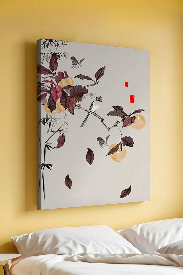 Elegant nature illustration featuring butterflies and birds on a branch