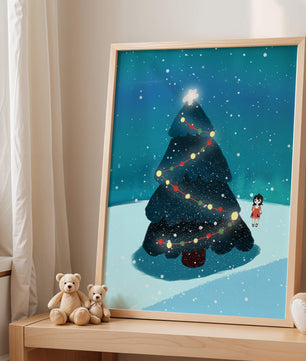 Winter scene with decorated Christmas tree and snowfall