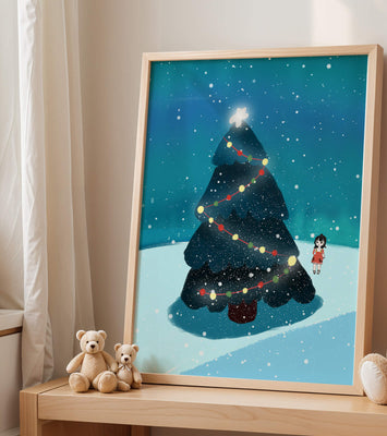 Winter scene with decorated Christmas tree and snowfall