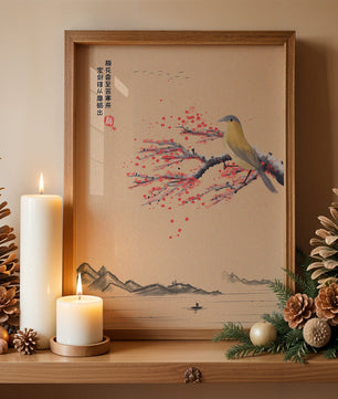 Traditional Chinese painting with bird and blossom branch over tranquil landscape