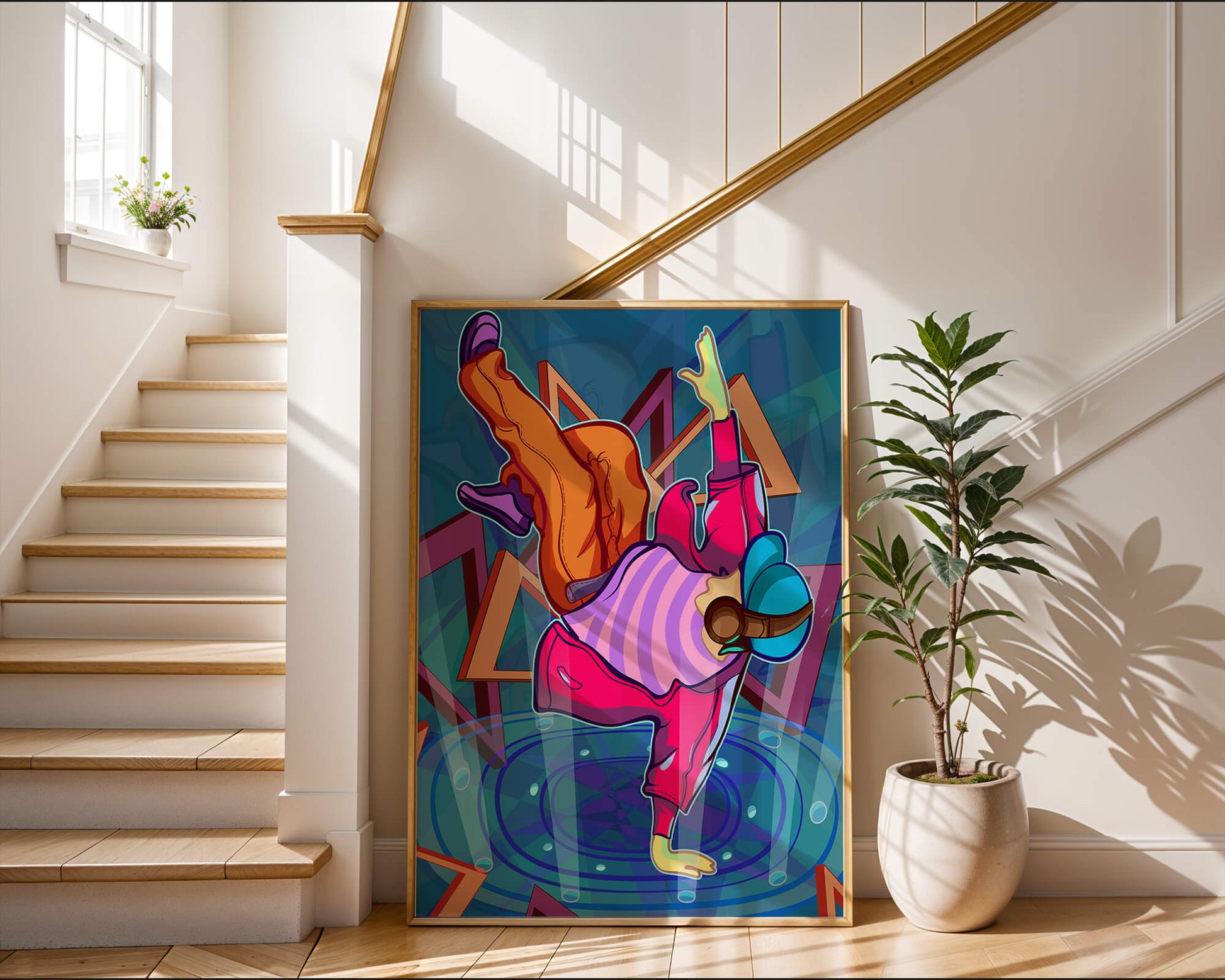 Colorful breakdancer in dynamic urban artwork