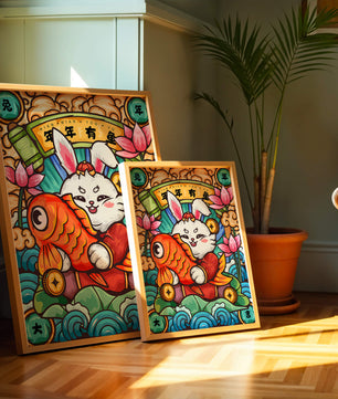 Festive rabbit holding golden fish with lotus flowers and waves in a traditional design
