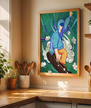 Ilustración abstracta colorida de una persona en movimiento con tonos azules y verdes