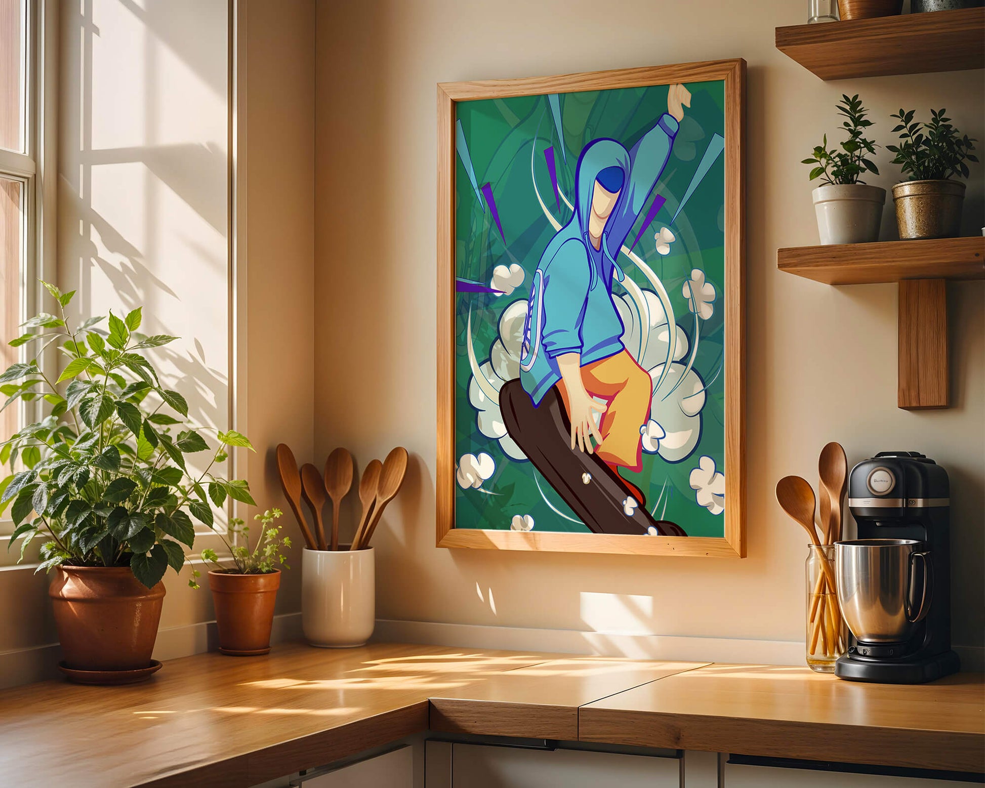 Ilustración abstracta colorida de una persona en movimiento con tonos azules y verdes
