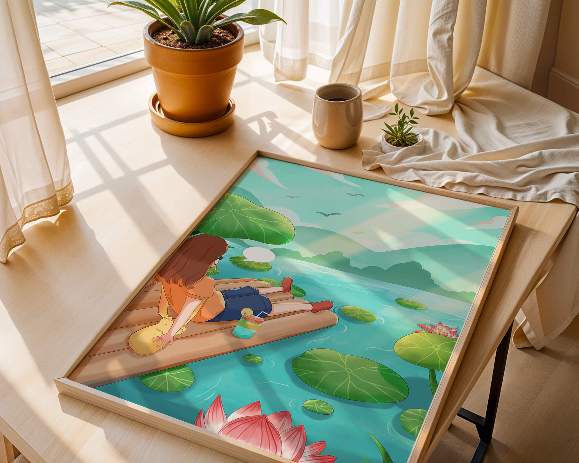 Peaceful lake scene with raft and relaxing atmosphere