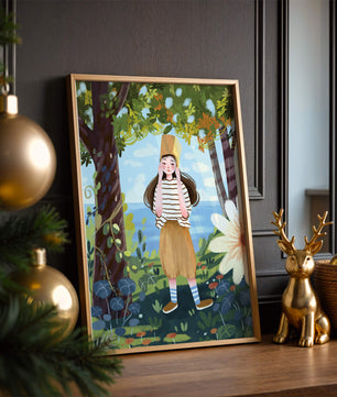 Whimsical Illustration of a Girl in Nature with Golden Hat