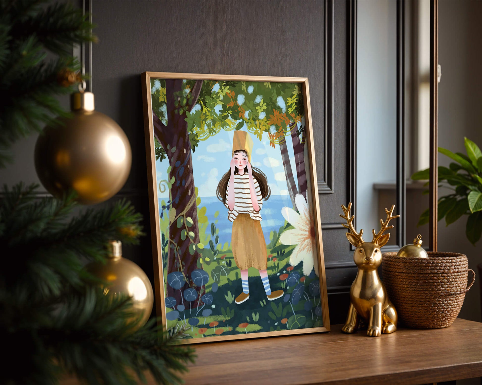Whimsical Illustration of a Girl in Nature with Golden Hat