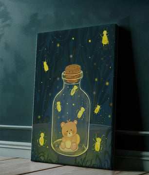 Charming teddy bear in a jar with glowing fireflies