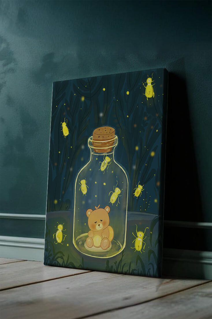 Charming teddy bear in a jar with glowing fireflies
