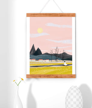 Serene landscape with mountains, village, and a girl under a pink sky