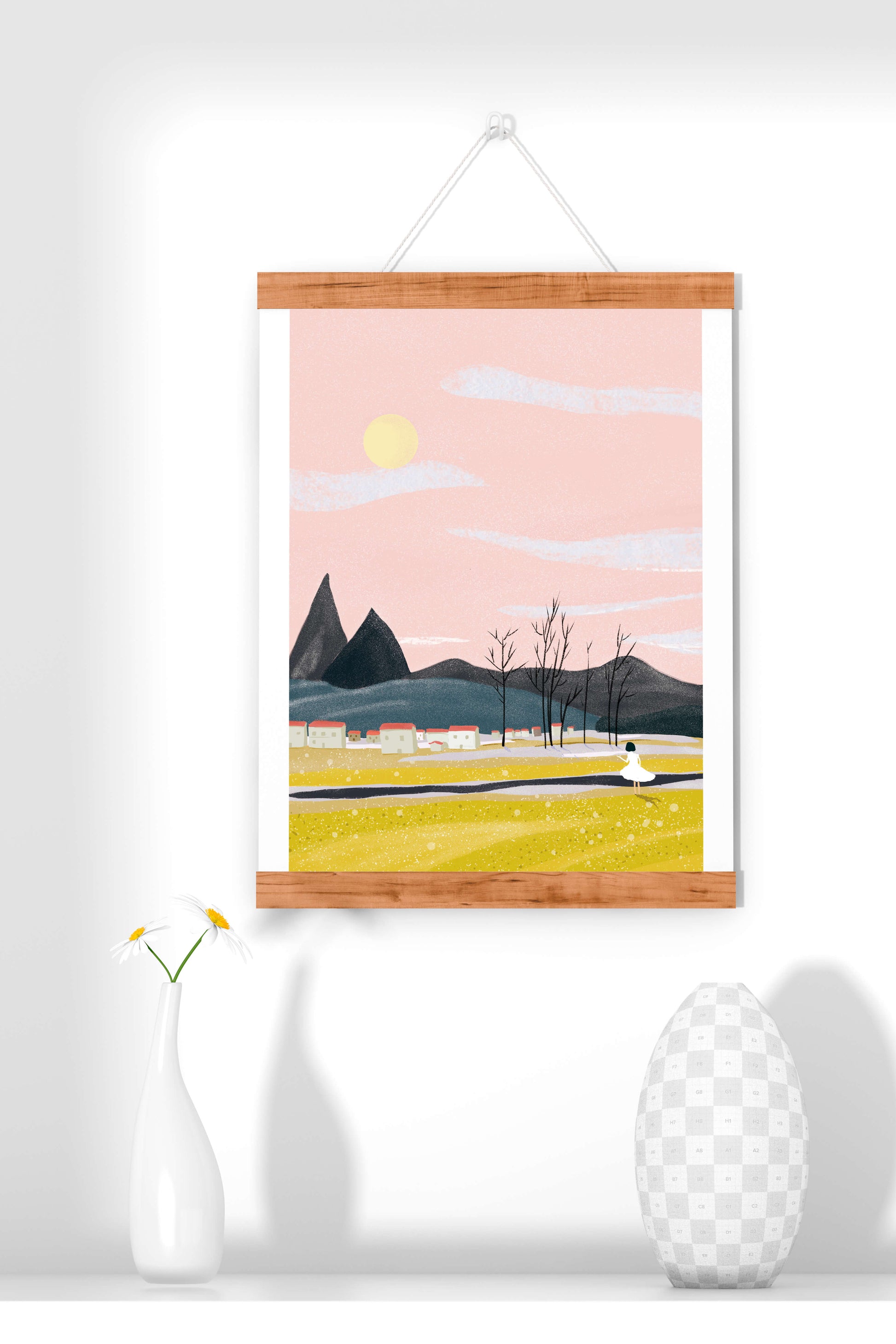 Serene landscape with mountains, village, and a girl under a pink sky